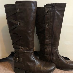 Tall brown faux leather boots